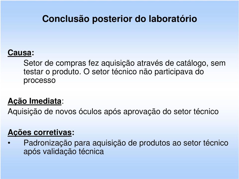 O setor técnico não participava do processo Ação Imediata: Aquisição de novos