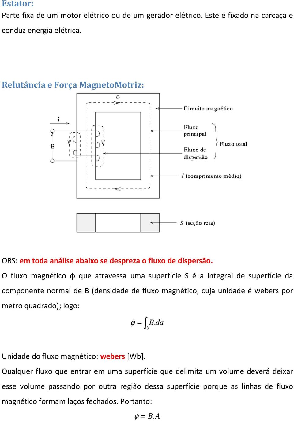 O fluxo magnético φ que atravessa uma superfície S é a integral de superfície da componente normal de B (densidade de fluxo magnético, cuja unidade é webers por metro