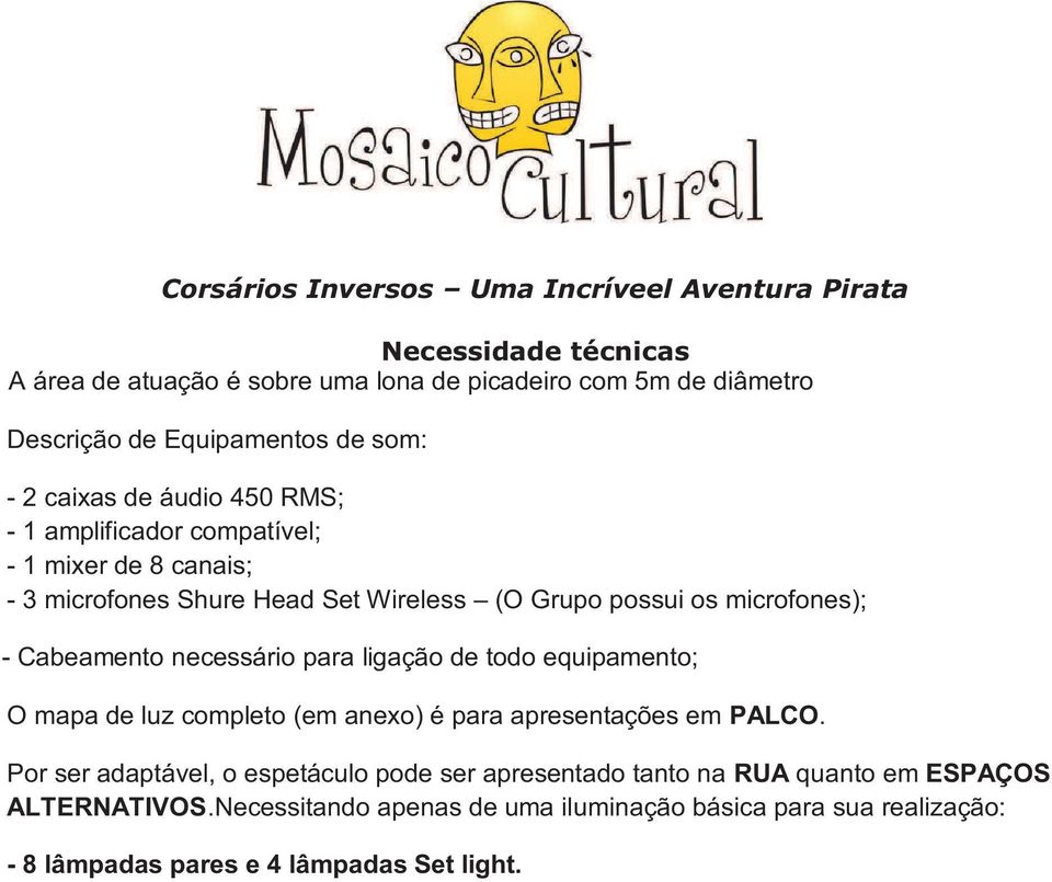 Cabeamento necessário para ligação de todo equipamento; O mapa de luz completo (em anexo) é para apresentações em PALCO.