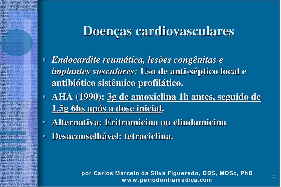 AHA (1990): 3g de amoxiclina 1h antes, seguido de 1.