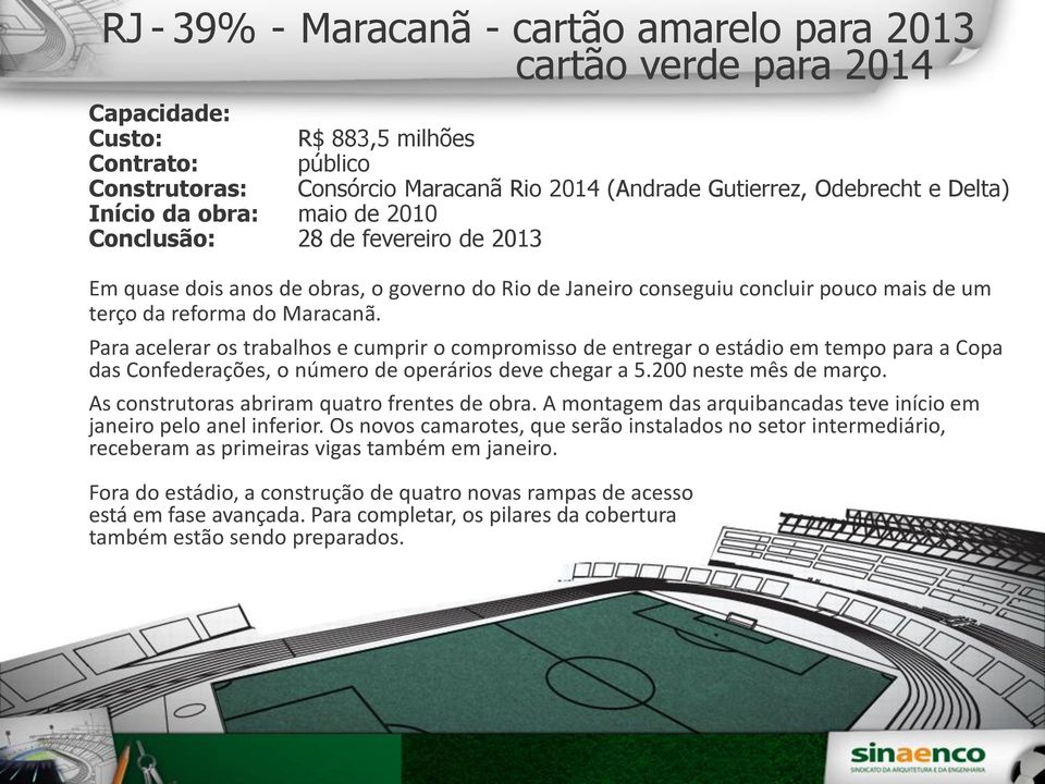 Para acelerar os trabalhos e cumprir o compromisso de entregar o estádio em tempo para a Copa das Confederações, o número de operários deve chegar a 5.200 neste mês de março.