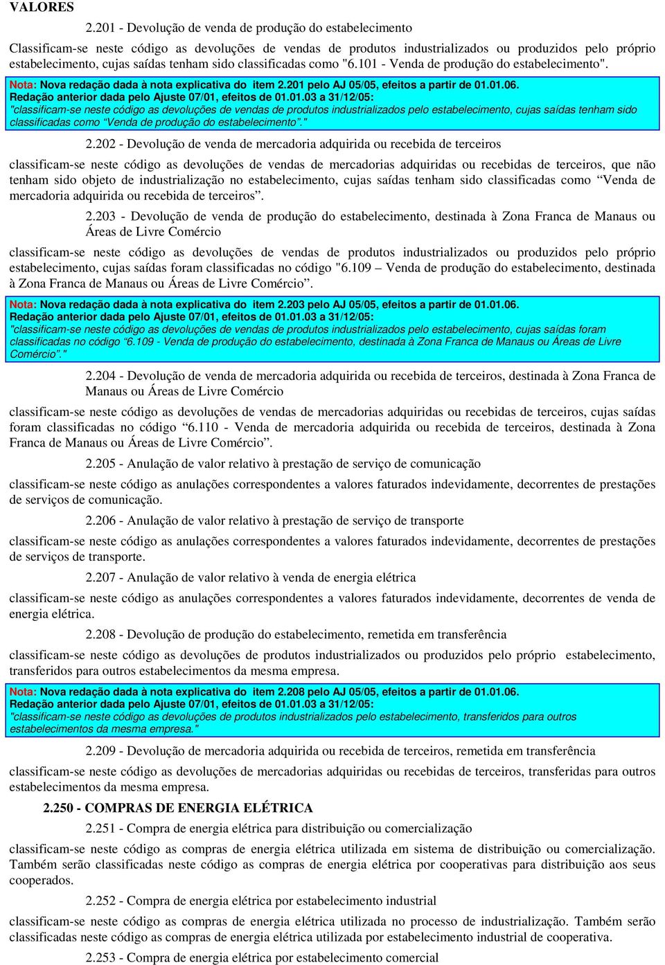 tenham sido classificadas como "6.101 - Venda de produção do estabelecimento". Nota: Nova redação dada à nota explicativa do item 2.201 pelo AJ 05/05, efeitos a partir de 01.01.06.