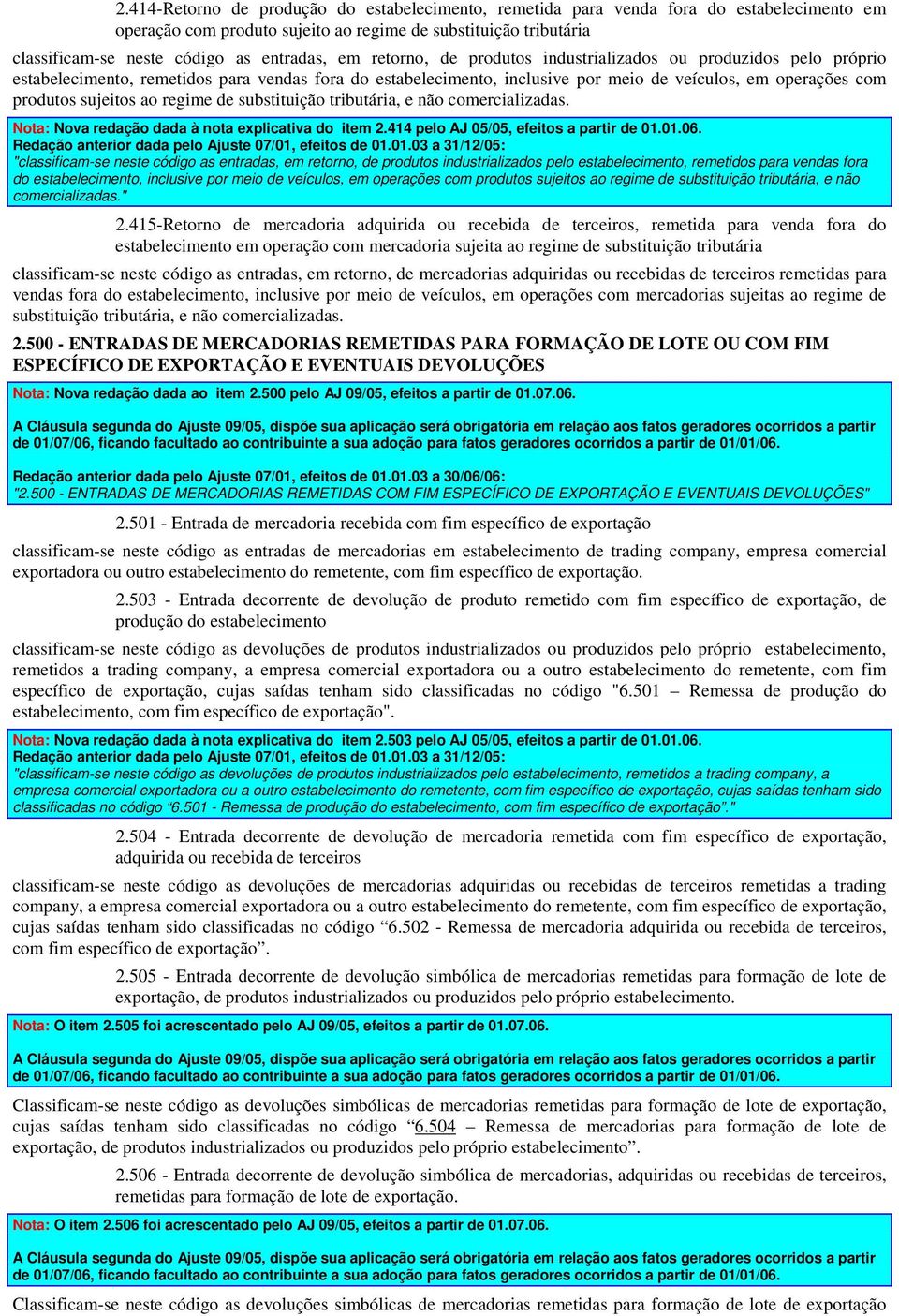 ao regime de substituição tributária, e não comercializadas. Nota: Nova redação dada à nota explicativa do item 2.414 pelo AJ 05/05, efeitos a partir de 01.01.06.