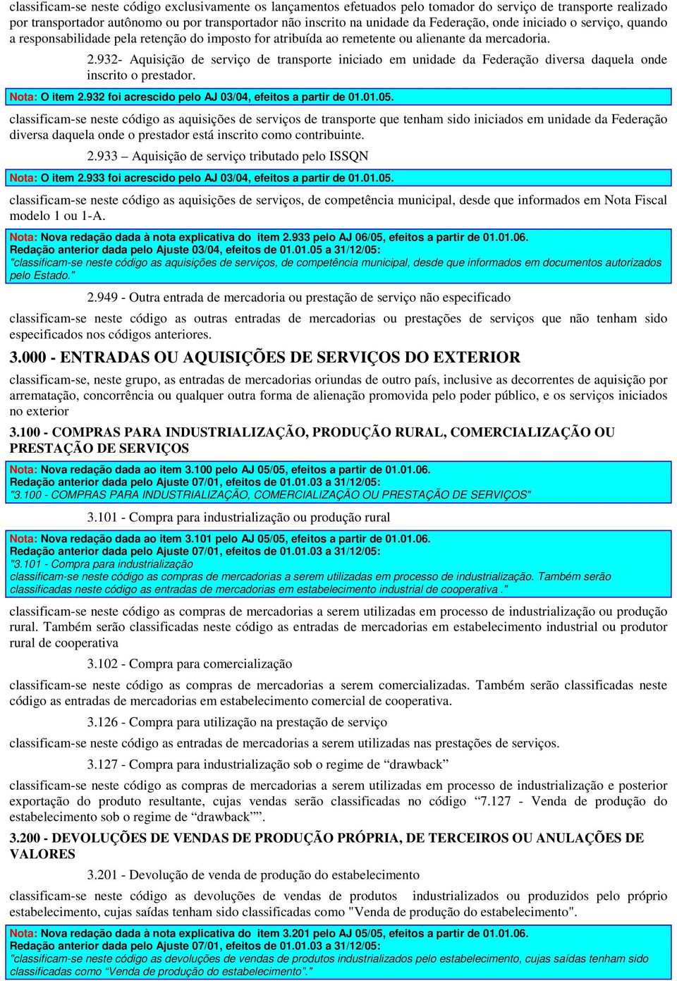 932- Aquisição de serviço de transporte iniciado em unidade da Federação diversa daquela onde inscrito o prestador. Nota: O item 2.932 foi acrescido pelo AJ 03/04, efeitos a partir de 01.01.05.