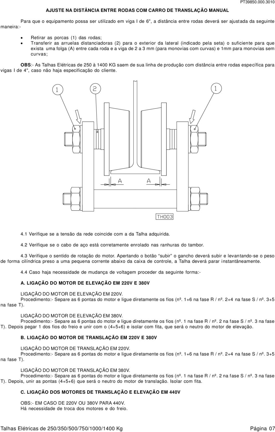 monovias com curvas) e 1mm para monovias sem curvas; OBS:- As Talhas Elétricas de 250 à 1400 KG saem de sua linha de produção com distância entre rodas específica para vigas I de 4", caso não haja