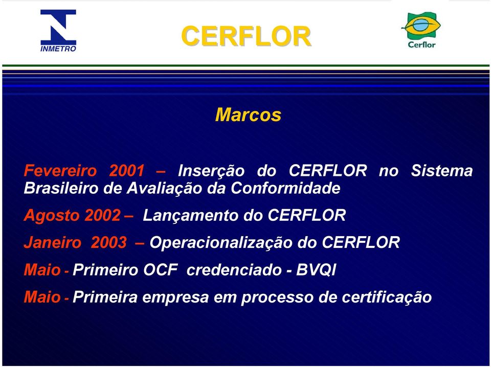 Janeiro 2003 Operacionalização do CERFLOR Maio - Primeiro OCF
