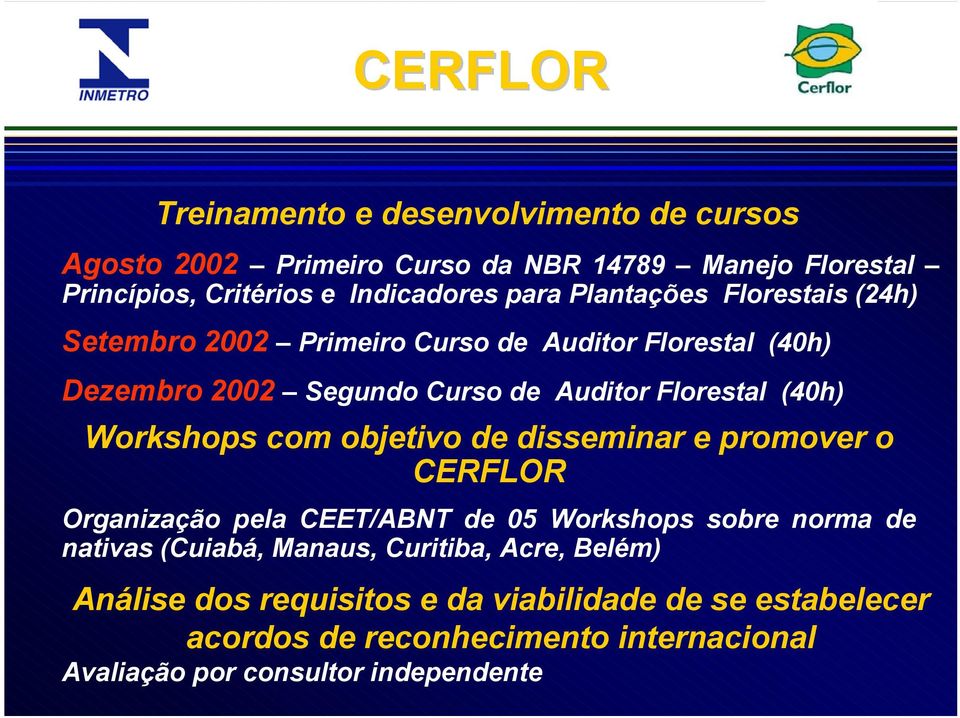 Workshops com objetivo de disseminar e promover o CERFLOR Organização pela CEET/ABNT de 05 Workshops sobre norma de nativas (Cuiabá, Manaus,