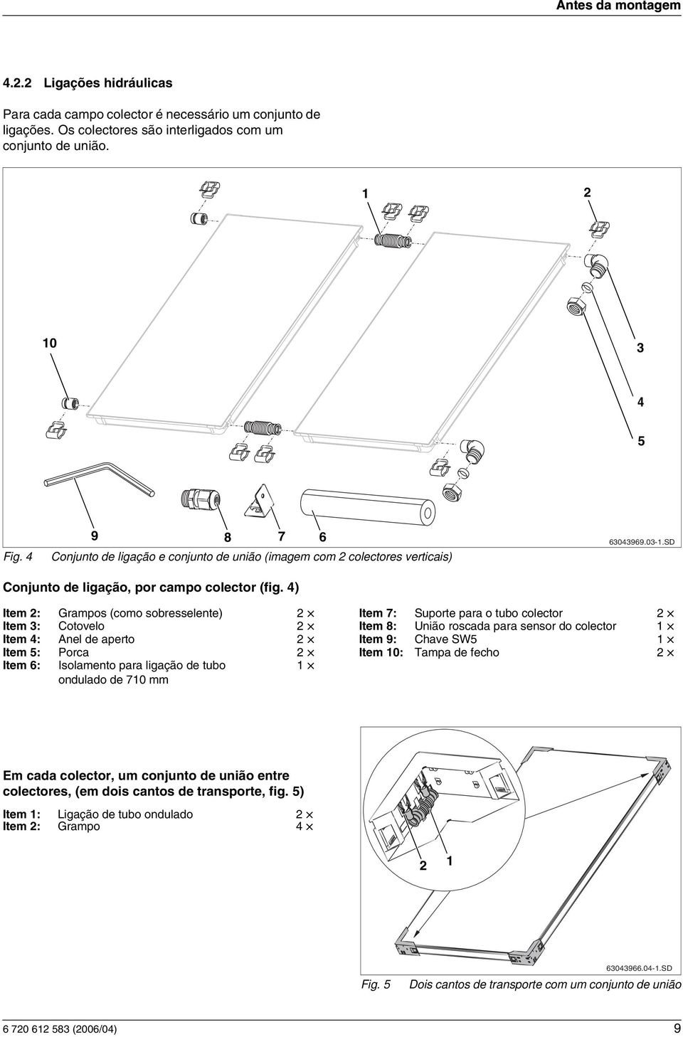 4) Item : Grampos (como sobresselente) Item 7: Suporte para o tubo colector Item 3: Cotovelo Item 8: Unão roscada para sensor do colector Item 4: Anel de aperto Item 9: Chave SW5 Item 5: Porca Item