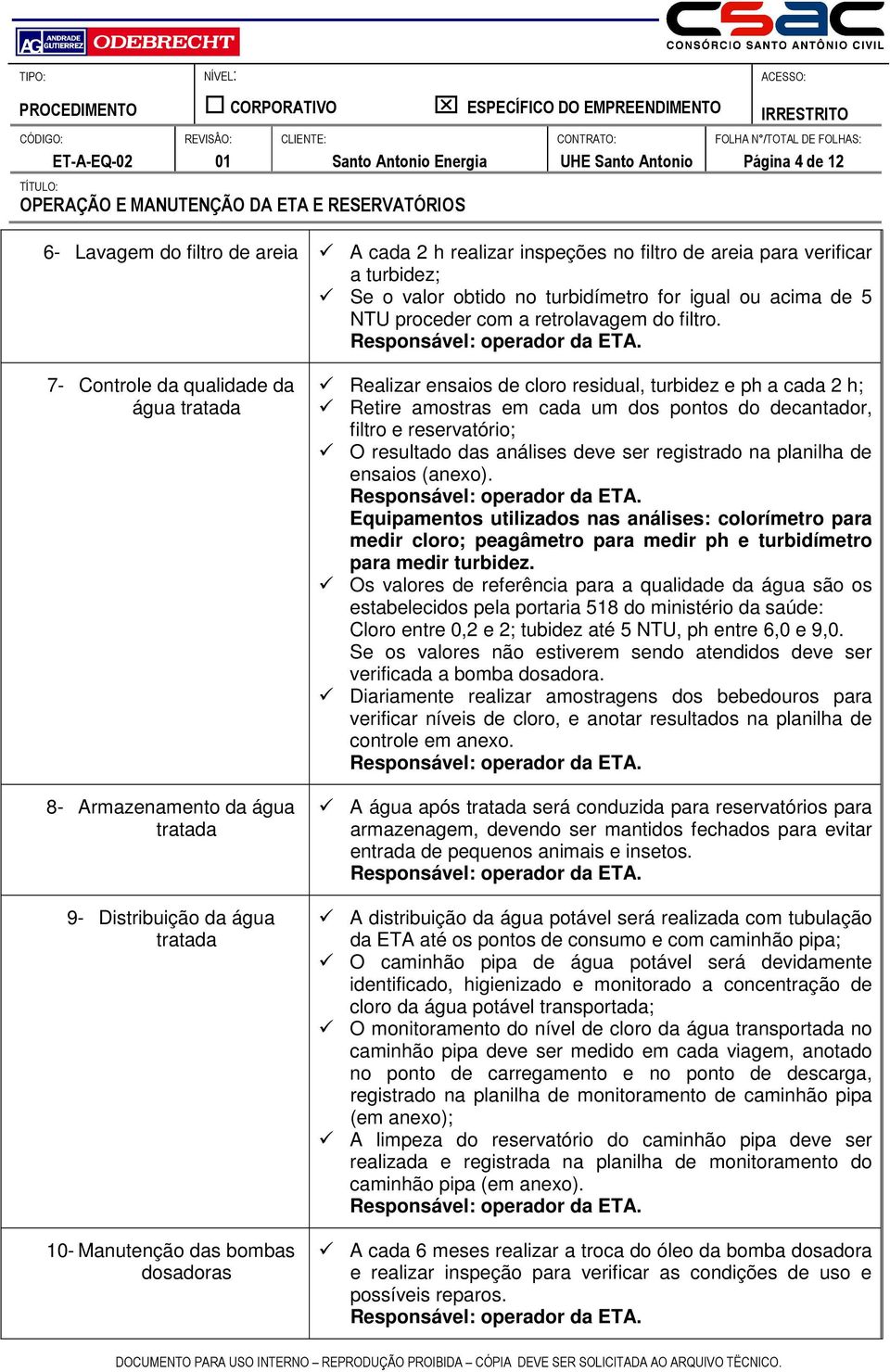 7- Controle da qualidade da água tratada 8- Armazenamento da água tratada 9- Distribuição da água tratada 10- Manutenção das bombas dosadoras Realizar ensaios de cloro residual, turbidez e ph a cada