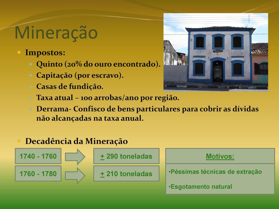 Derrama- Confisco de bens particulares para cobrir as dívidas não alcançadas na taxa anual.