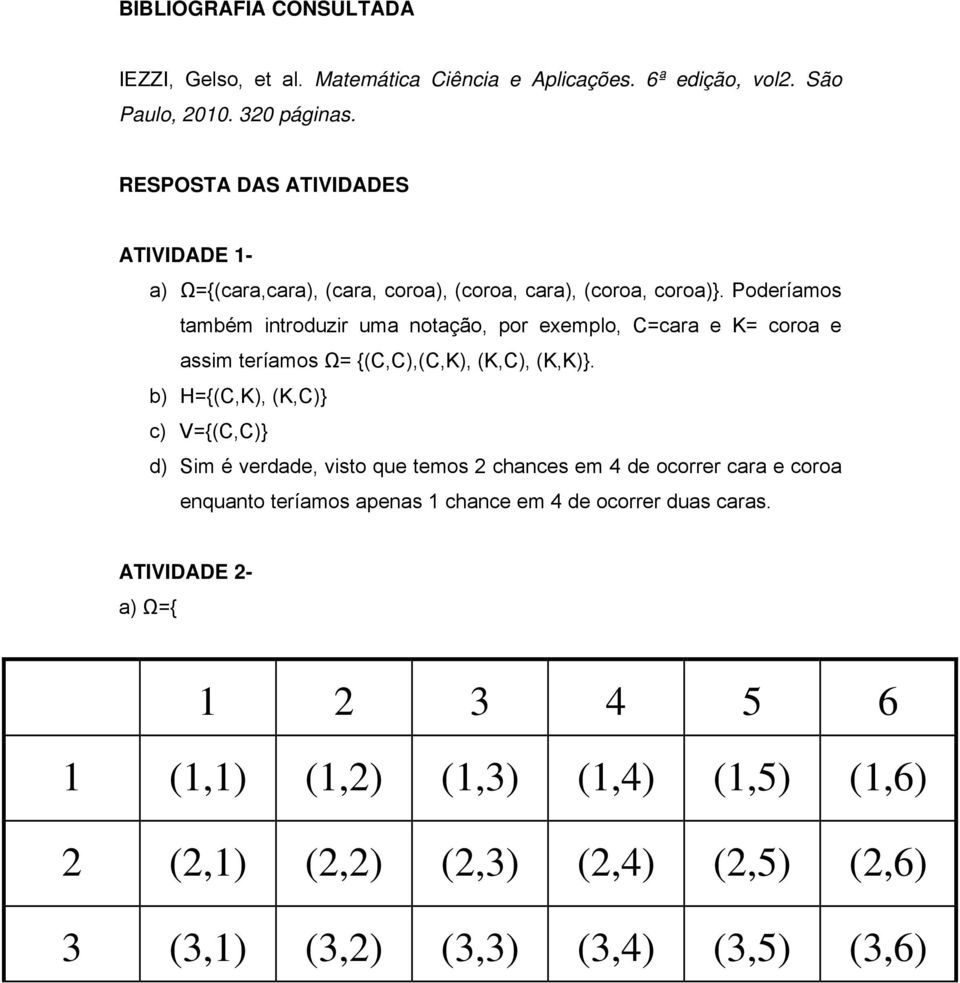 Poderíamos também introduzir uma notação, por exemplo, C=cara e K= coroa e assim teríamos Ω= {(C,C),(C,K), (K,C), (K,K)}.