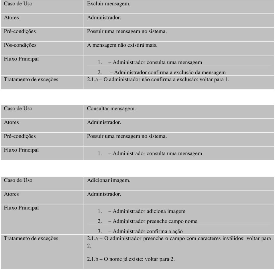 Administrador. Possuir uma mensagem no sistema. 1. Administrador consulta uma mensagem Caso de Uso Tratamento de exceções Adicionar imagem. Administrador. 1. Administrador adiciona imagem 2.