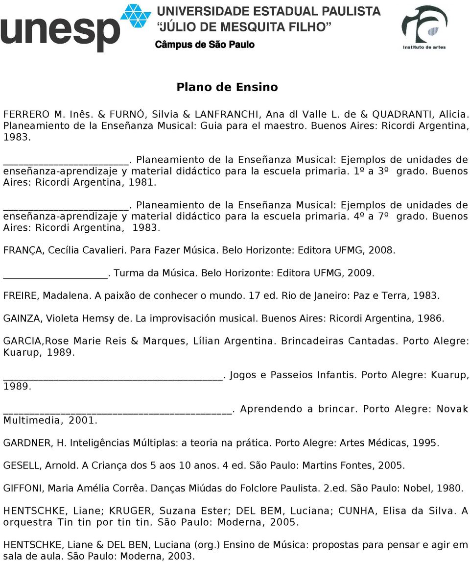 . Planeamiento de la Enseñanza Musical: Ejemplos de unidades de enseñanza-aprendizaje y material didáctico para la escuela primaria. 4º a 7º grado. Buenos Aires: Ricordi Argentina, 1983.