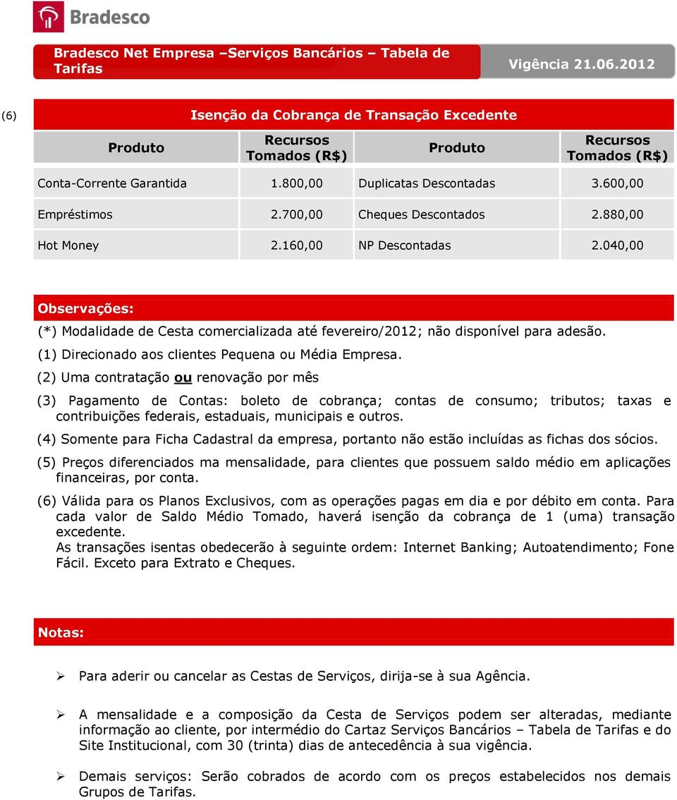 (2) Uma contratação ou renovação por mês (3) Pagamento de Contas: boleto de cobrança; contas de consumo; tributos; taxas e contribuições federais, estaduais, municipais e outros.