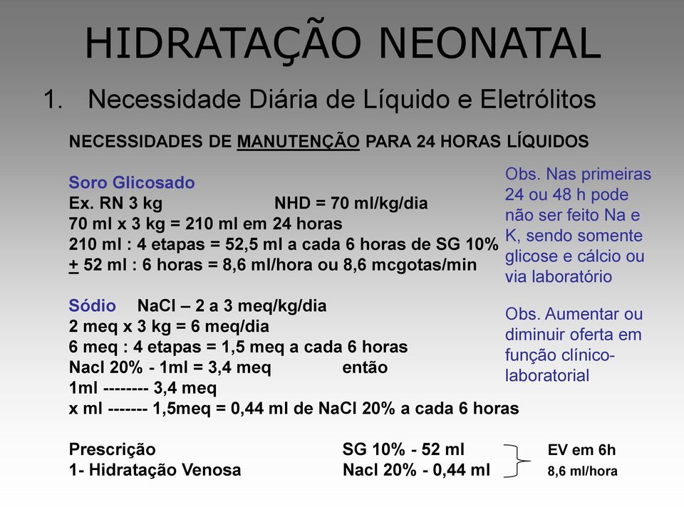 horas = 8,6 ml/hora ou 8,6 mcgotas/min via laboratório Sódio NaCl 2 a 3 meq/kg/dia Obs.