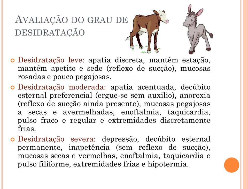 Desidratação moderada: apatia acentuada, decúbito esternal preferencial (ergue-se sem auxilio), anorexia (reflexo de sucção ainda presente), mucosas