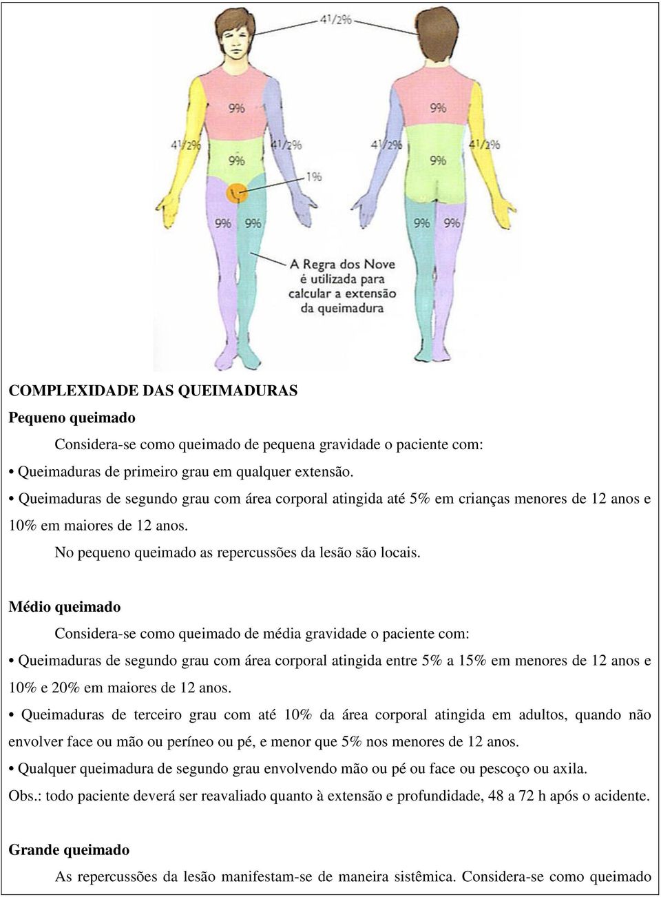 Médio queimado Considera-se como queimado de média gravidade o paciente com: Queimaduras de segundo grau com área corporal atingida entre 5% a 15% em menores de 12 anos e 10% e 20% em maiores de 12