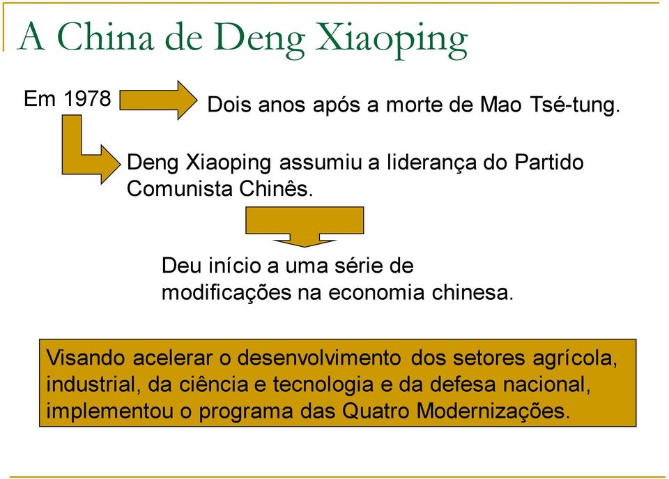 Deu início a uma série de modificações na economia chinesa.