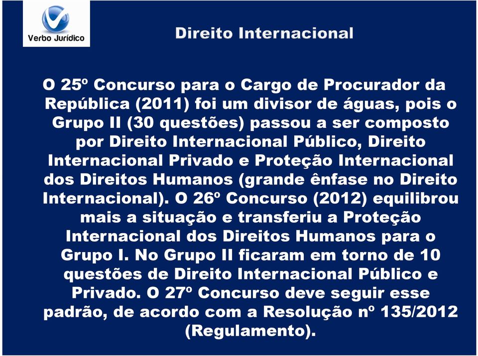O 26º Concurso (2012) equilibrou mais a situação e transferiu a Proteção Internacional dos Direitos Humanos para o Grupo I.