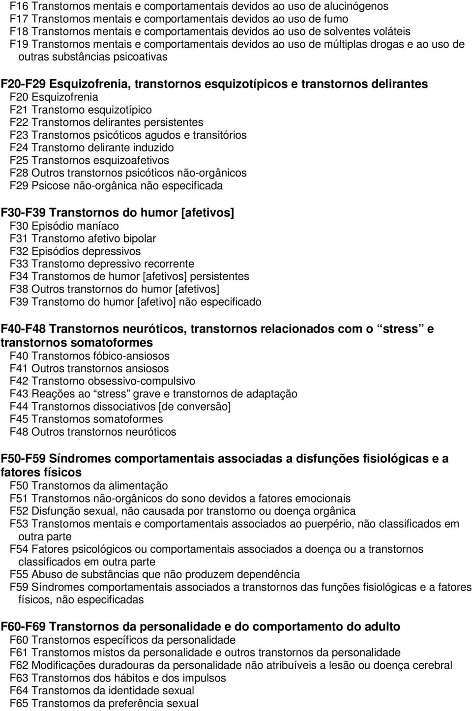 transtornos delirantes F20 Esquizofrenia F21 Transtorno esquizotípico F22 Transtornos delirantes persistentes F23 Transtornos psicóticos agudos e transitórios F24 Transtorno delirante induzido F25