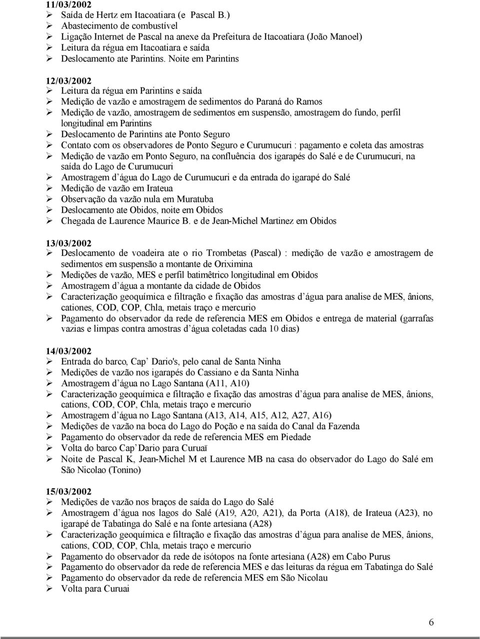 Noite em Parintins 12/03/2002 Leitura da régua em Parintins e saída Medição de vazão e amostragem de sedimentos do Paraná do Ramos Medição de vazão, amostragem de sedimentos em suspensão, amostragem