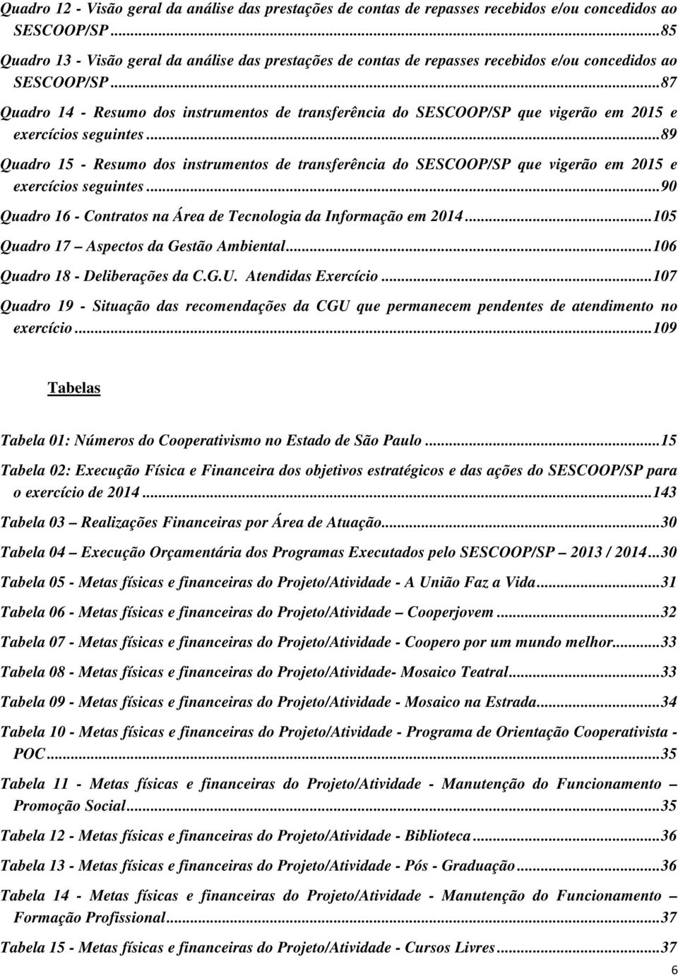 .. 87 Quadro 14 - Resumo dos instrumentos de transferência do SESCOOP/SP que vigerão em 2015 e exercícios seguintes.