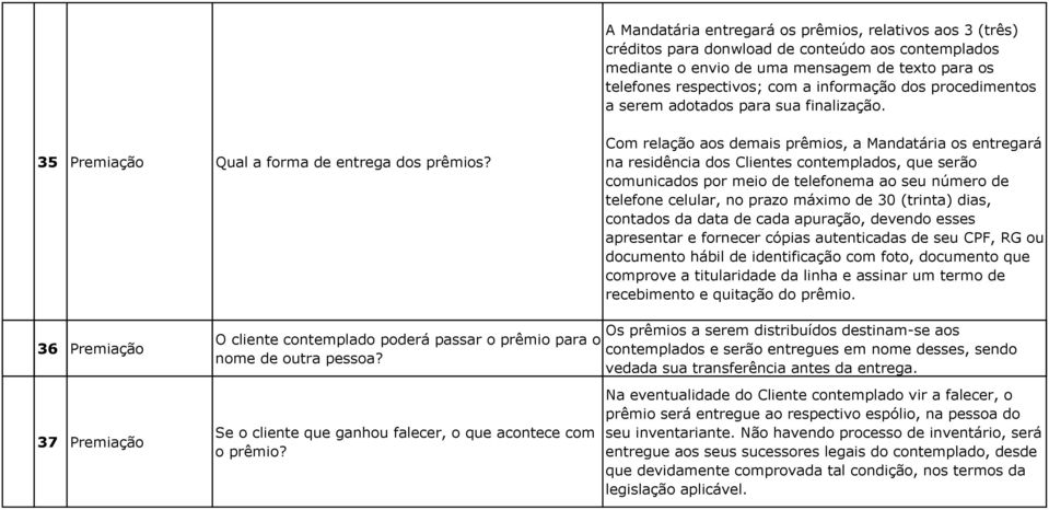 Com relação aos demais prêmios, a Mandatária os entregará na residência dos Clientes contemplados, que serão comunicados por meio de telefonema ao seu número de telefone celular, no prazo máximo de