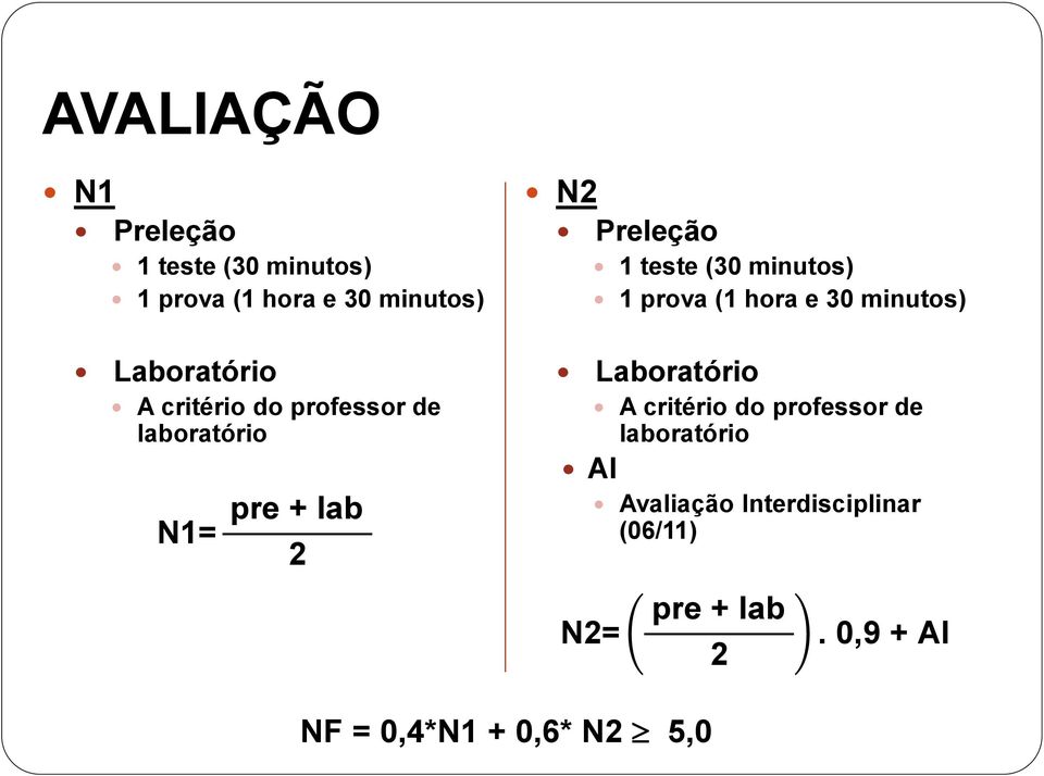 professor de laboratório N1= pre + lab 2 Laboratório A critério do professor de