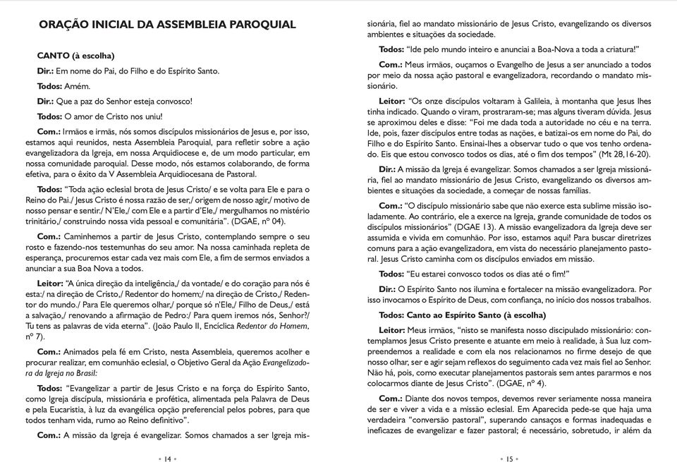 Arquidiocese e, de um modo particular, em nossa comunidade paroquial. Desse modo, nós estamos colaborando, de forma efetiva, para o êxito da V Assembleia Arquidiocesana de Pastoral.