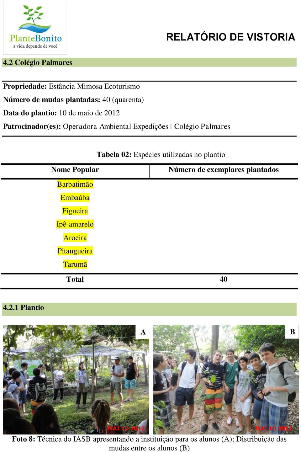 Número de exemplares plantados Barbatimão Embaúba Figueira Ipê-amarelo Aroeira Pitangueira Tarumã Total 40 4.2.