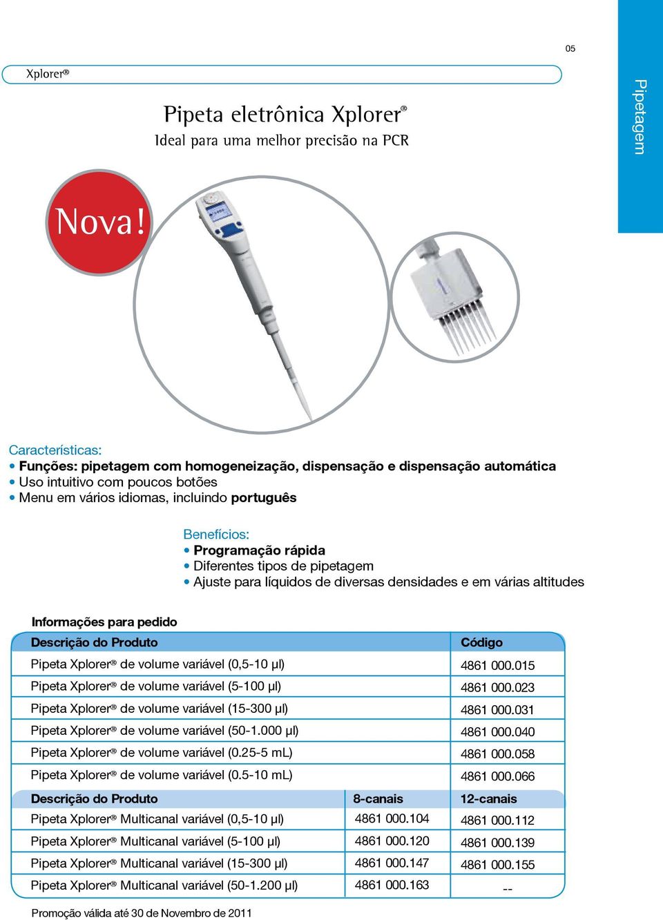 Diferentes tipos de pipetagem Ajuste para líquidos de diversas densidades e em várias altitudes Pipeta Xplorer de volume variável (0,5-10 µl) Pipeta Xplorer de volume variável (5-100 µl) Pipeta