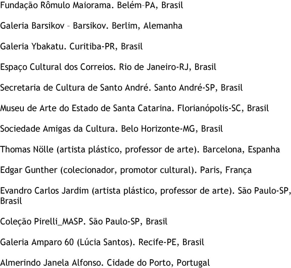 Belo Horizonte-MG, Thomas Nölle (artista plástico, professor de arte). Barcelona, Espanha Edgar Gunther (colecionador, promotor cultural).