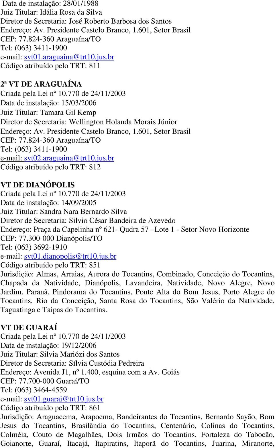 br Código atribuído pelo TRT: 811 2ª VT DE ARAGUAÍNA Data de instalação: 15/03/2006 Juiz Titular: Tamara Gil Kemp Diretor de Secretaria: Wellington Holanda Morais Júnior Endereço: Av.