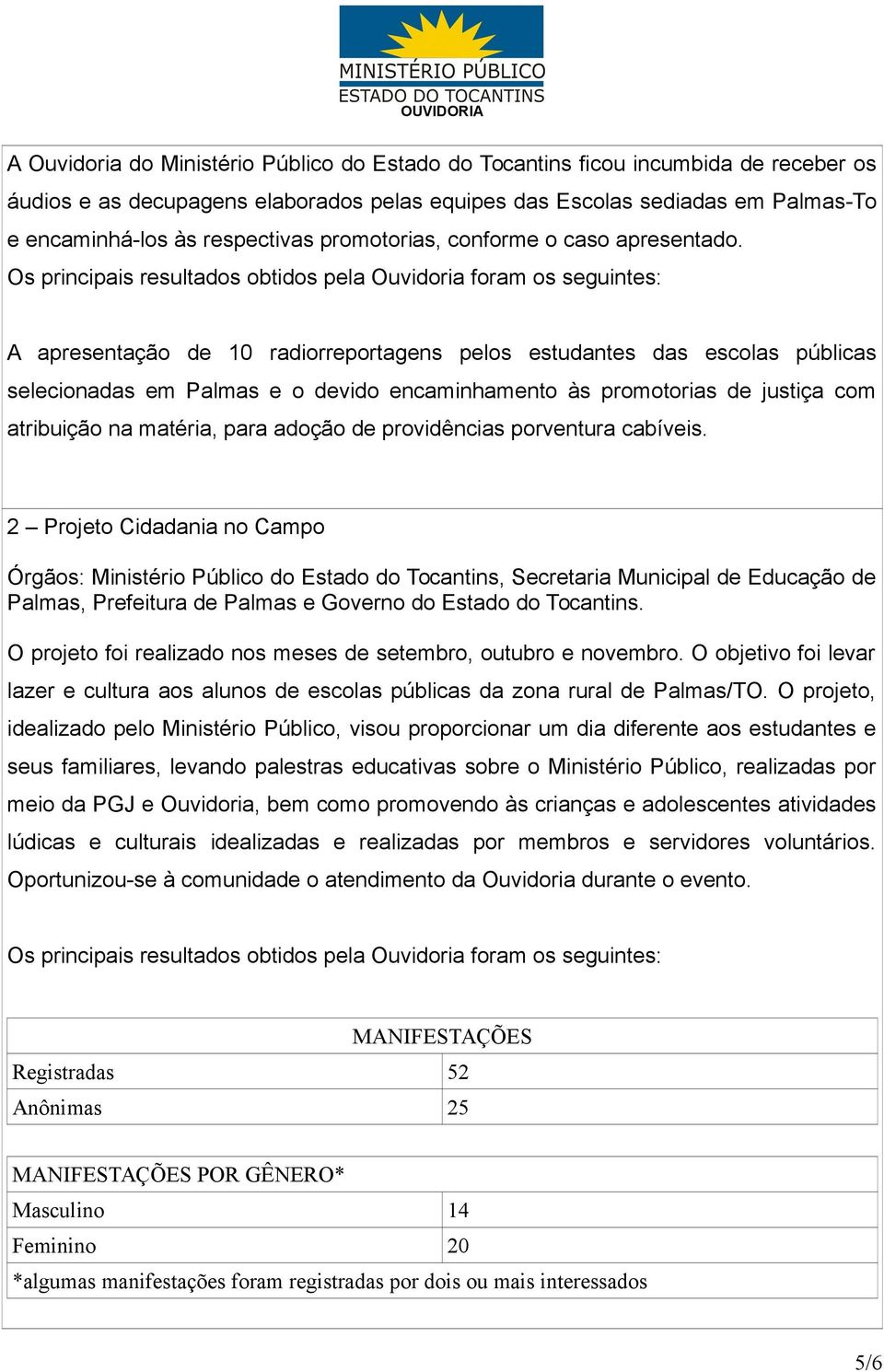 Os principais resultados obtidos pela Ouvidoria foram os seguintes: A apresentação de 10 radiorreportagens pelos estudantes das escolas públicas selecionadas em Palmas e o devido encaminhamento às