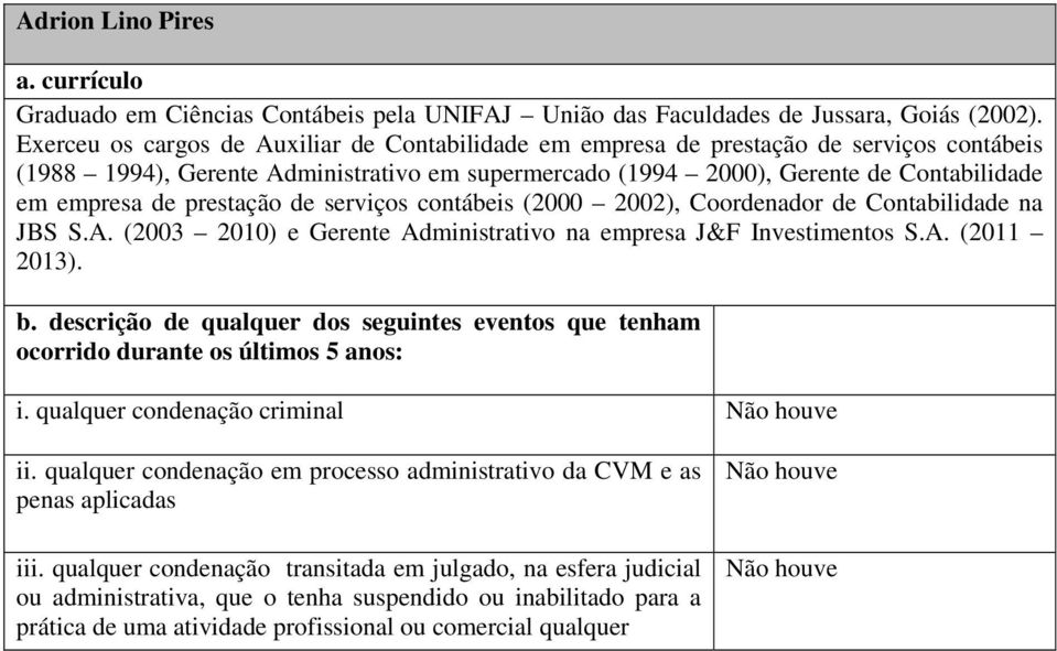 prestação de serviços contábeis (2000 2002), Coordenador de Contabilidade na JBS S.A. (2003 2010) e Gerente Administrativo na empresa J&F Investimentos S.A. (2011 2013). b.