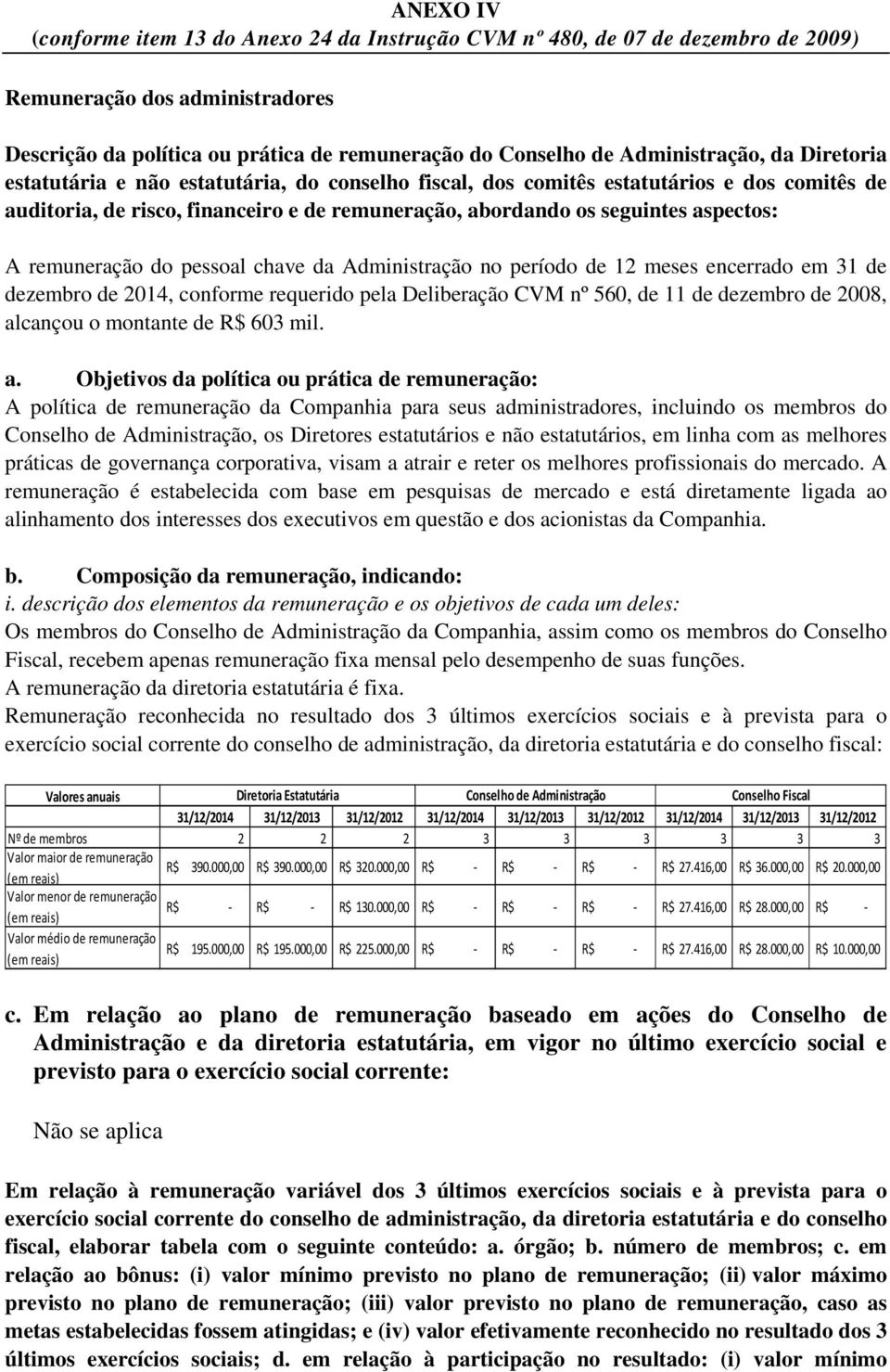 aspectos: A remuneração do pessoal chave da Administração no período de 12 meses encerrado em 31 de dezembro de 2014, conforme requerido pela Deliberação CVM nº 560, de 11 de dezembro de 2008,