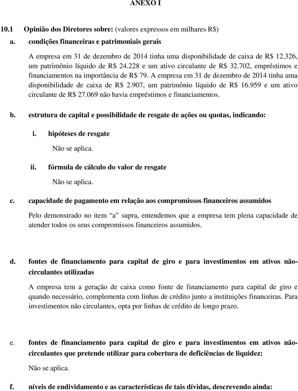 702, empréstimos e financiamentos na importância de R$ 79. A empresa em 31 de dezembro de 2014 tinha uma disponibilidade de caixa de R$ 2.907, um patrimônio líquido de R$ 16.