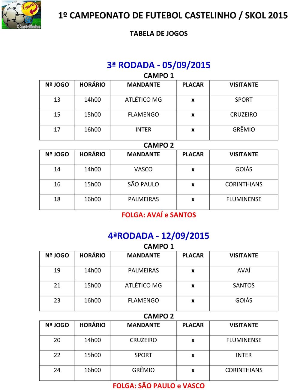 SANTOS 4ªRODADA - 12/09/2015 19 14h00 PALMEIRAS x AVAÍ 21 15h00 ATLÉTICO MG x SANTOS 23 16h00 FLAMENGO x