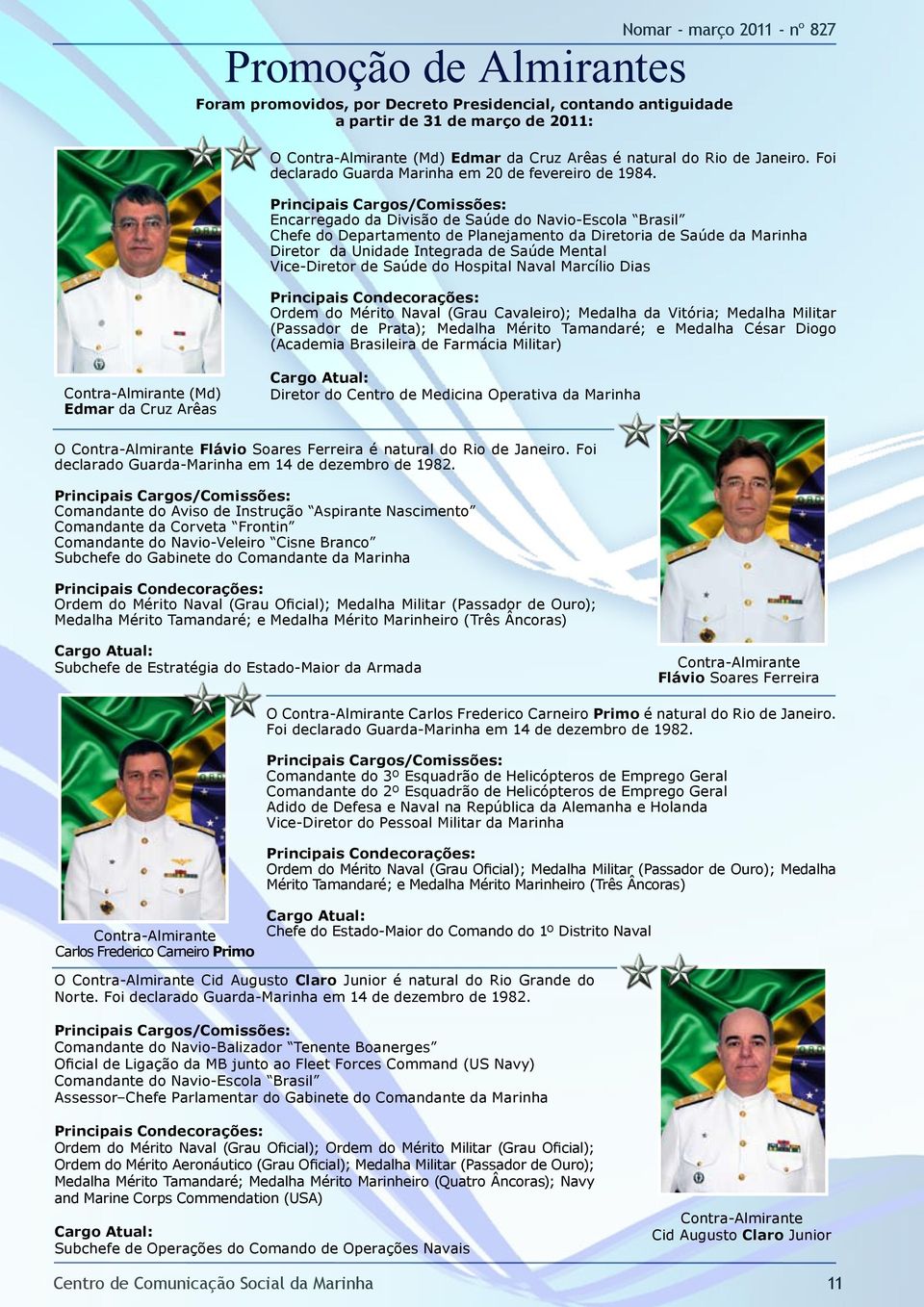Principais Cargos/Comissões: Encarregado da Divisão de Saúde do Navio-Escola Brasil Chefe do Departamento de Planejamento da Diretoria de Saúde da Marinha Diretor da Unidade Integrada de Saúde Mental