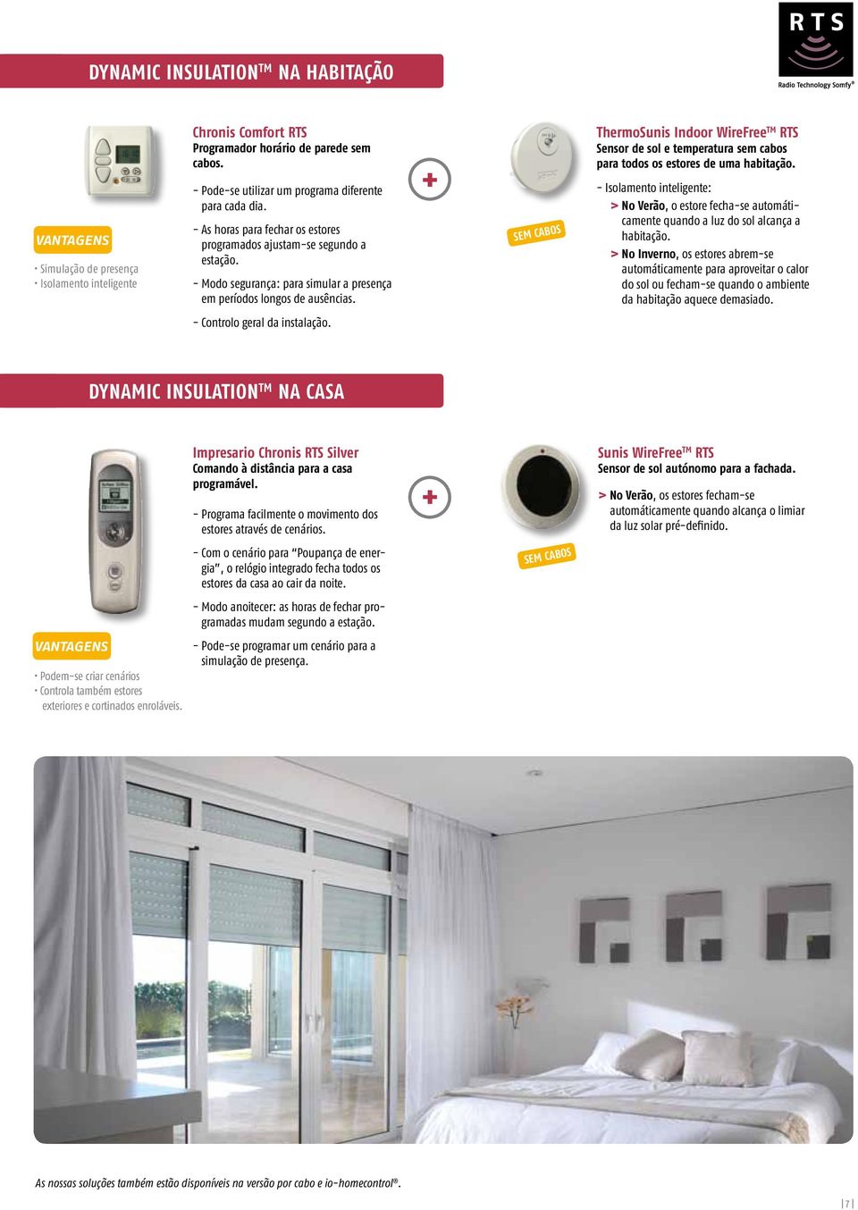 - Modo segurança: para simular a presença em períodos longos de ausências. + SEM CABOS ThermoSunis Indoor WireFree TM RTS Sensor de sol e temperatura sem cabos para todos os estores de uma habitação.