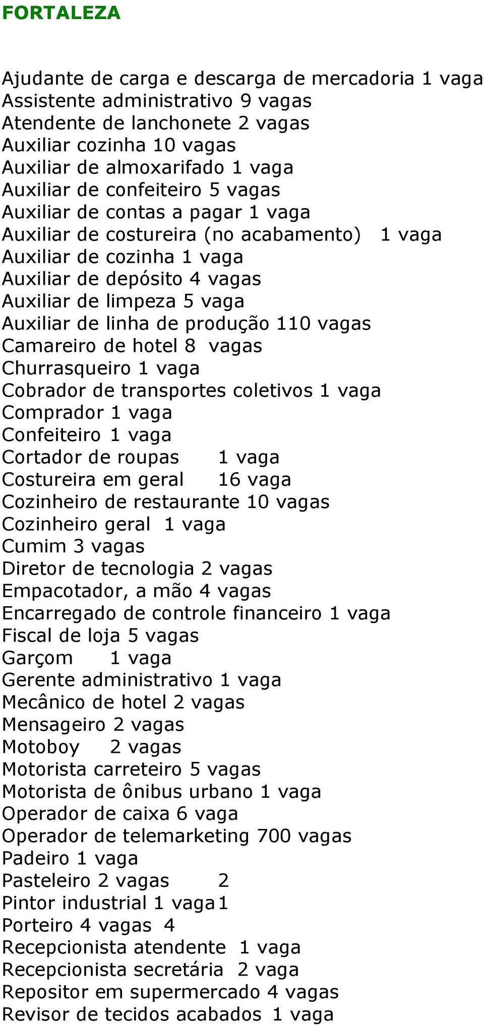 Camareiro de hotel 8 vagas Churrasqueiro 1 vaga Cobrador de transportes coletivos 1 vaga Comprador 1 vaga Confeiteiro 1 vaga Cortador de roupas 1 vaga Costureira em geral 16 vaga Cozinheiro de