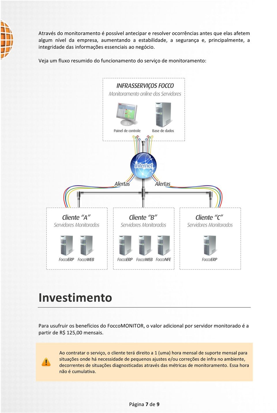 Veja um fluxo resumido do funcionamento do serviço de monitoramento: Investimento Para usufruir os benefícios do FoccoMONITOR, o valor adicional por servidor monitorado é a partir