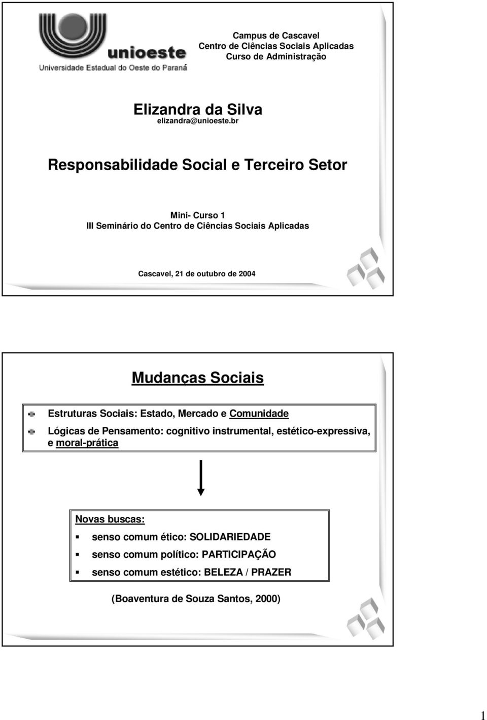 2004 Mudanças Sociais Estruturas Sociais: Estado, Mercado e Comunidade Lógicas de Pensamento: cognitivo instrumental, estético-expressiva, e