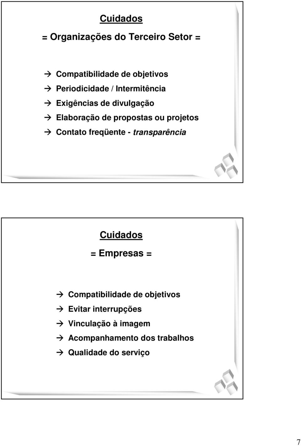 projetos Contato freqüente - transparência Cuidados = Empresas = Compatibilidade de