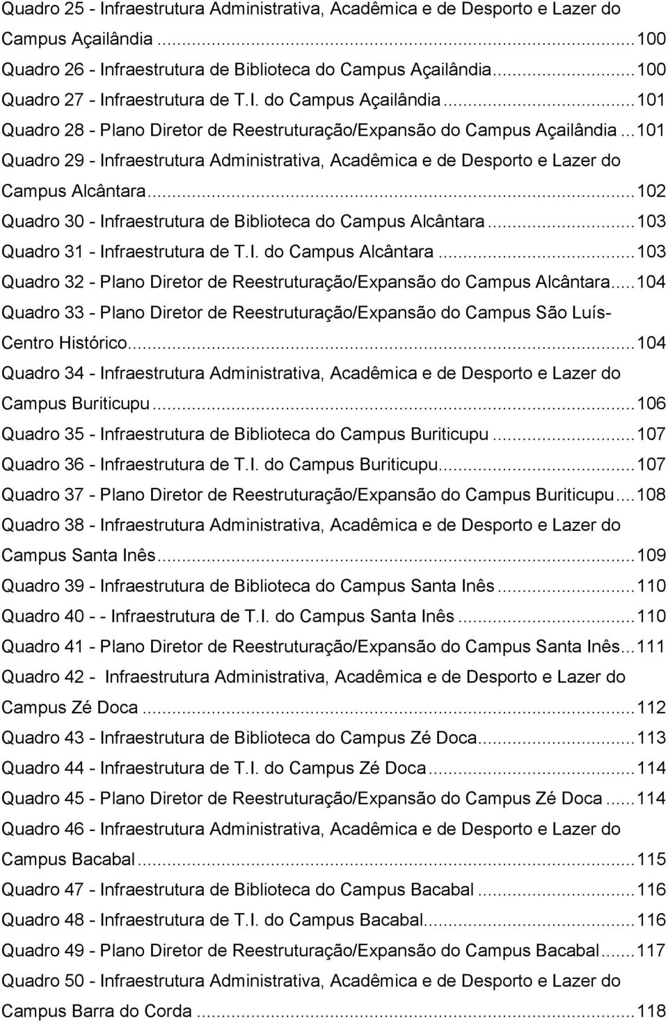 .. 101 Quadro 29 - Infraestrutura Administrativa, Acadêmica e de Desporto e Lazer do Campus Alcântara... 102 Quadro 30 - Infraestrutura de Biblioteca do Campus Alcântara.