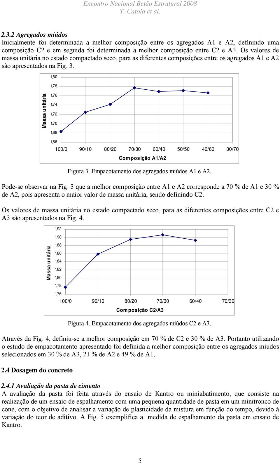 Os valores de massa unitária no estado compactado seco, para as diferentes composições entre os agregados A1 e A2 são apresentados na Fig. 3.