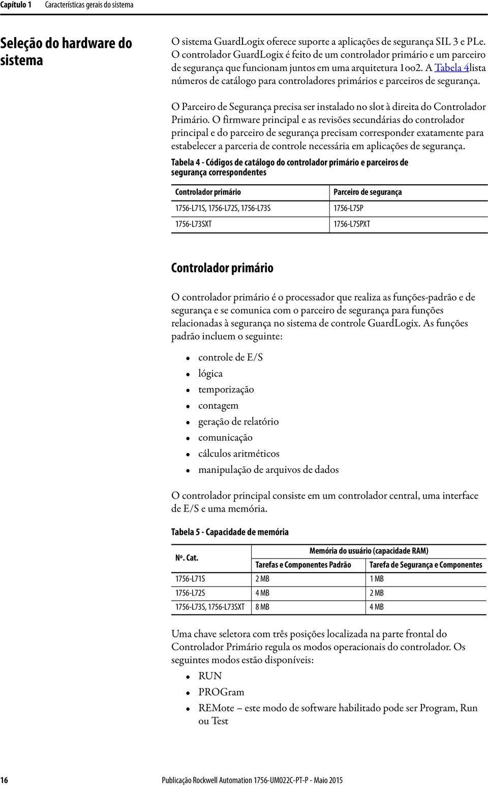 A Tabela 4lista números de catálogo para controladores primários e parceiros de segurança. O Parceiro de Segurança precisa ser instalado no slot à direita do Controlador Primário.