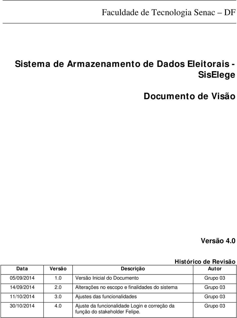 0 Versão Inicial do Documento Grupo 03 14/09/2014 2.