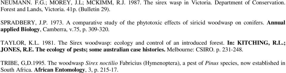 The Sirex woodwasp: ecology and control of an introduced forest. In: KITCHING, R.L.; JONES, R.E. The ecology of pests; some australian case histories.