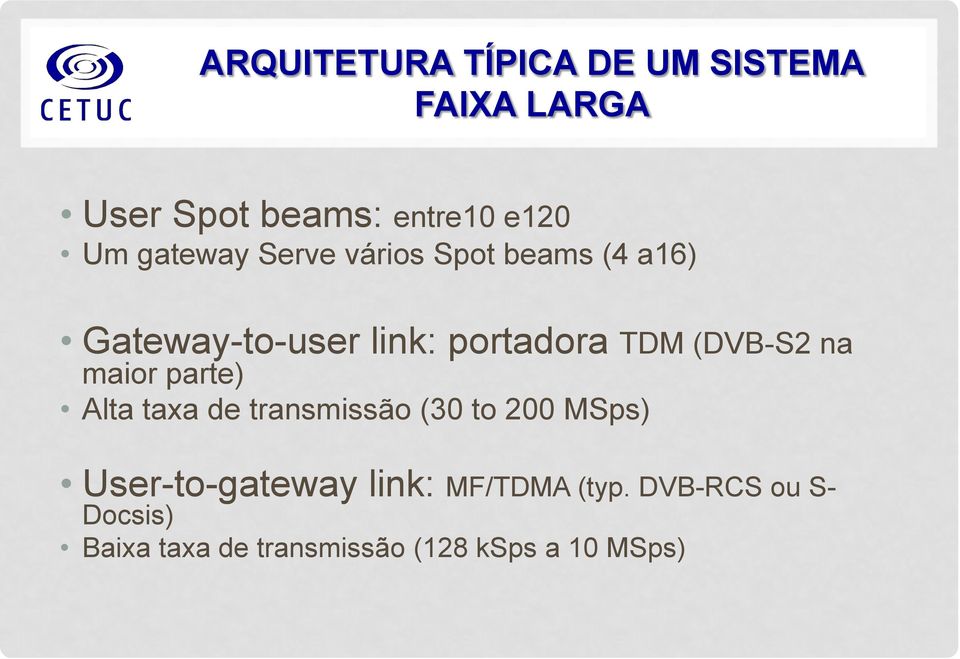 (DVB-S2 na maior parte) Alta taxa de transmissão (30 to 200 MSps)